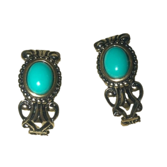VTG Sterling Turquoise Avon Half Circle Curved Filigree Stud Earrings 1” - Picture 1 of 5